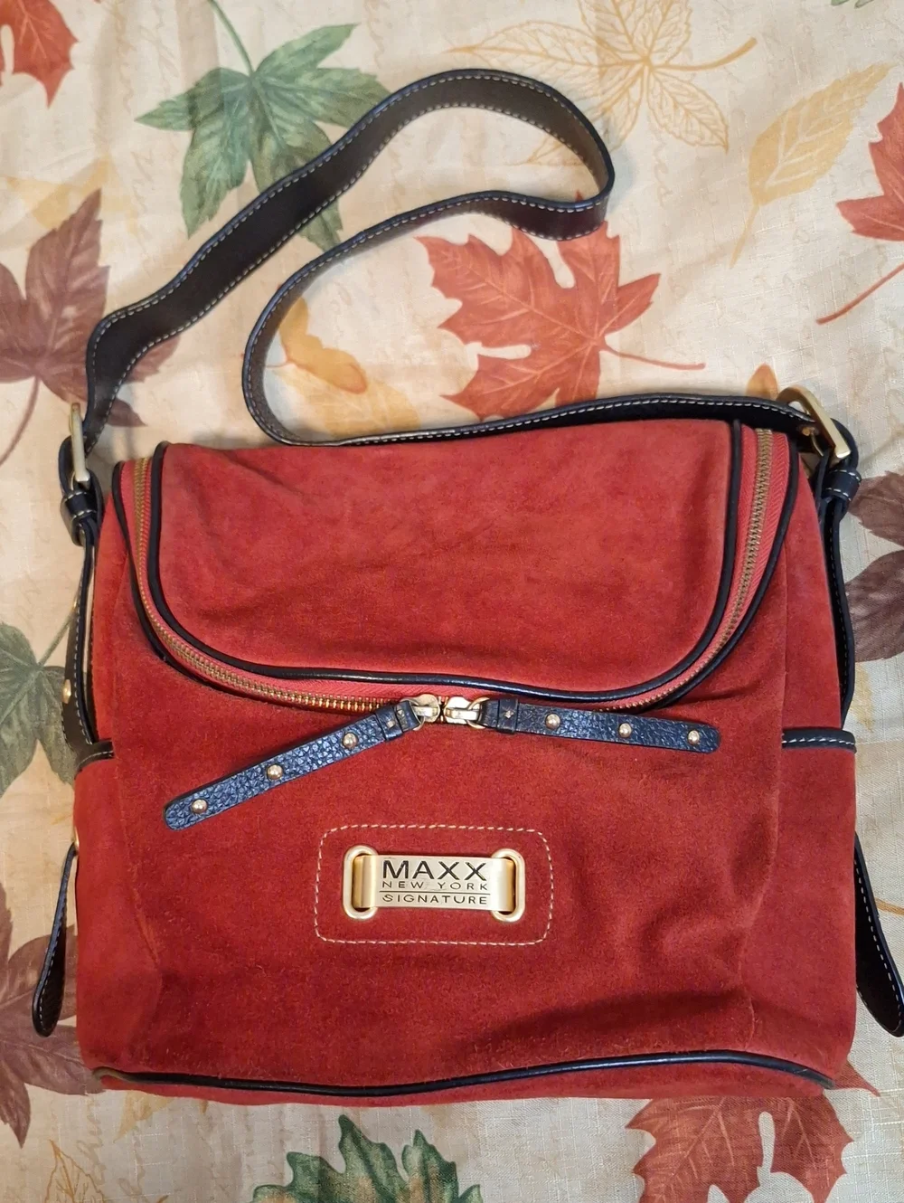 MAXX NEW YORK Red Suede Crossbody with Navy Trim